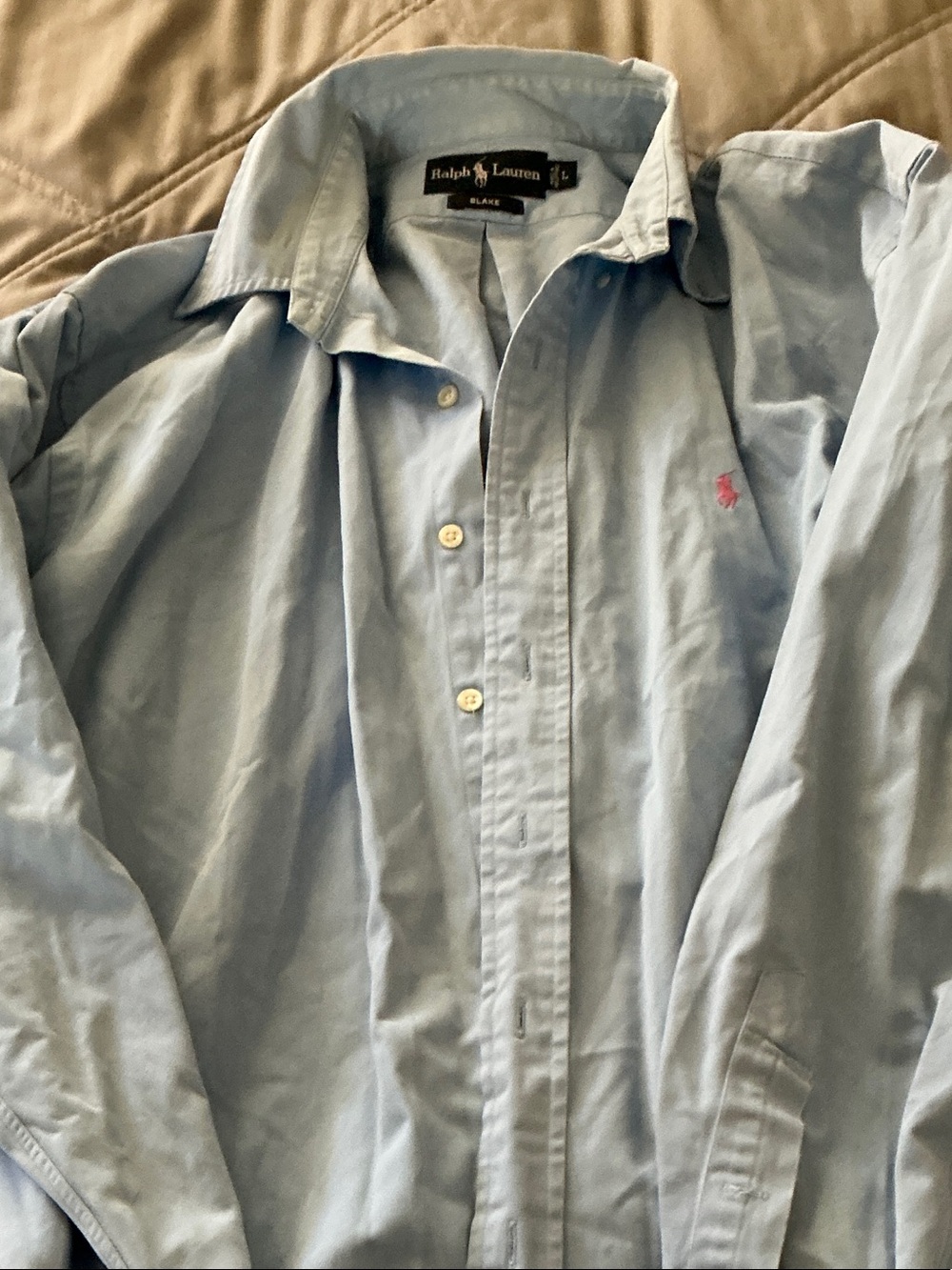 Ralph Lauren Pale Blue Button-Down Shirt with Pink Pony- L